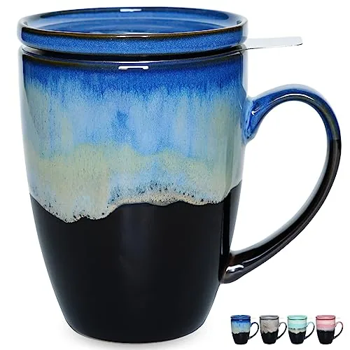 Reactive Tea Infuser Mug with Lid, 13.5 oz, Blue