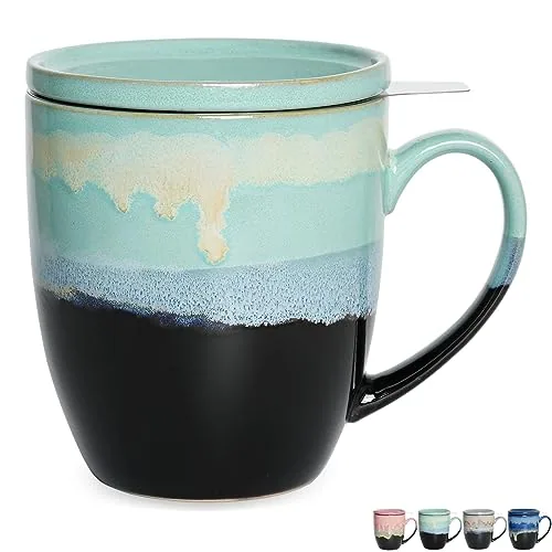 Reactive Tea Infuser Mug with Lid, 16 oz, Pastel Blue