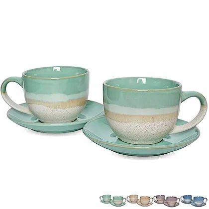 Reactive Cappuccino Cups & Saucers, 10 oz, Set of 2, Mint Green, cups & saucers