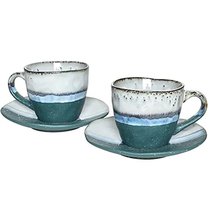 Reactive Cappuccino Cups & Saucers, 9 oz, Set of 2, Green, cups & saucers