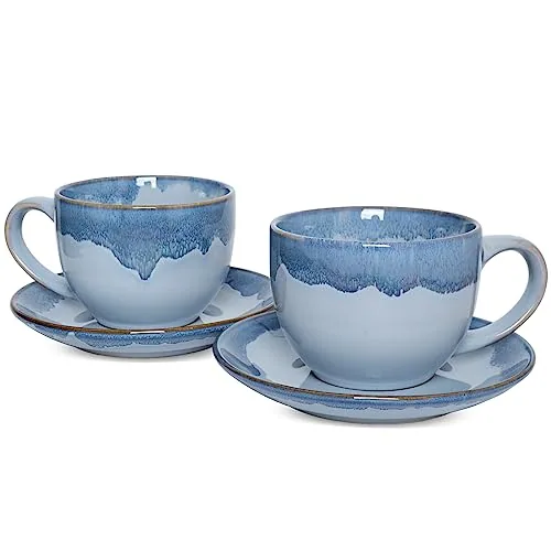 Reactive Cappuccino Cups & Saucers, 10 oz, Set of 2, Blue Waterdrop