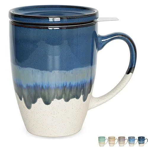 Reactive Tea Infuser Mug with Lid, 13.5 oz, Deep Blue