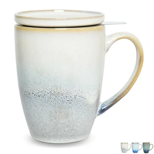 Reactive Tea Infuser Mug with Lid, 13.5 oz, Grey White