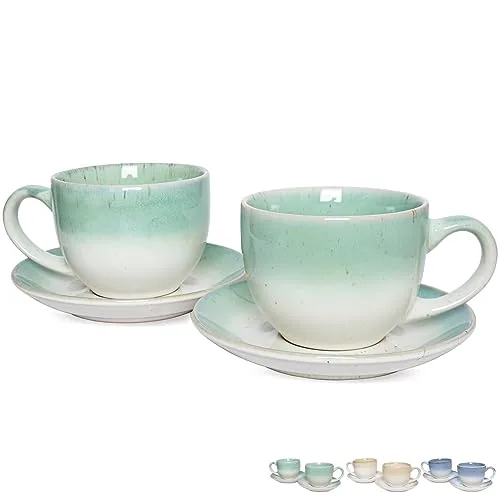 Reactive Cappuccino Cups & Saucers, 10 oz, Set of 2, Green White