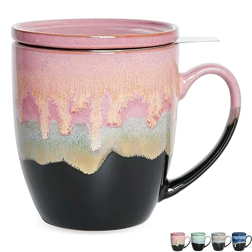Reactive Tea Infuser Mug with Lid, 16 oz, Pink