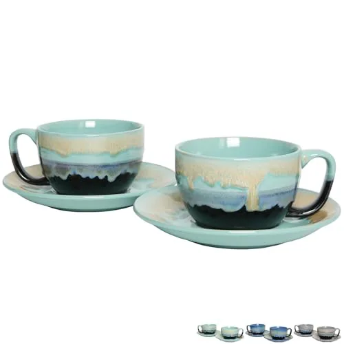 Reactive Cappuccino Cups & Saucers, 10 oz, Set of 2, Pastel Blue
