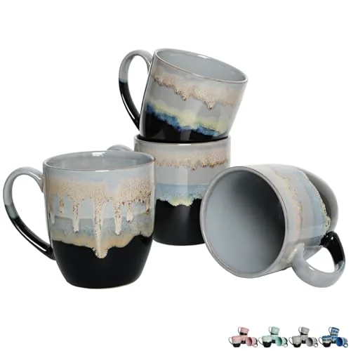 Reactive Big-Handle Mugs, 17 oz, Set of 4, Grey Drip