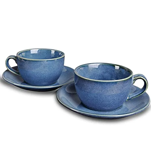 Reactive Cappuccino Cups & Saucers, 8.5 oz, Set of 2, Royal Blue