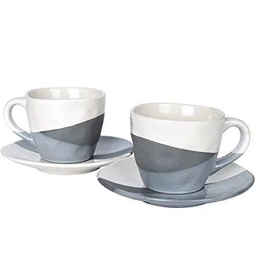 Geometric Cappuccino Cups & Saucers, 9 oz, Set of 2, Grey