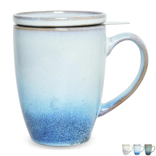 Reactive Tea Infuser Mug with Lid, 13.5 oz, Blue