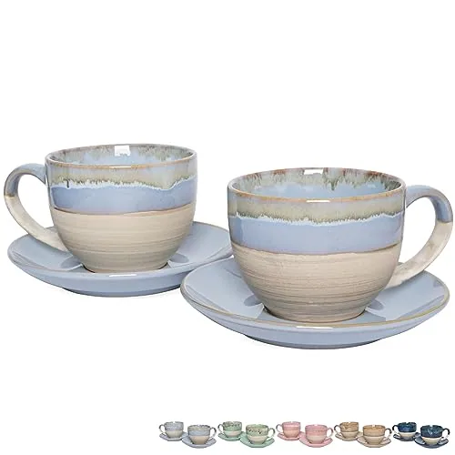 Reactive Cappuccino Cups & Saucers, 10 oz, Set of 2, Light Blue