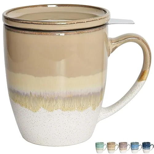 Reactive Tea Infuser Mug with Lid, 16 oz, Brown Grey