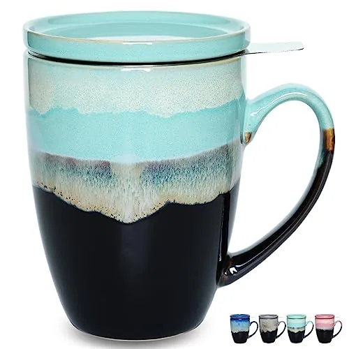 Reactive Tea Infuser Mug with Lid, 13.5 oz, Pastel Blue