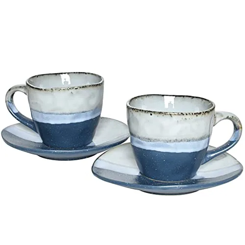 Reactive Cappuccino Cups & Saucers, 9 oz, Set of 2, Blue