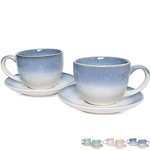 Reactive Cappuccino Cups & Saucers, 10 oz, Set of 2, Blue White