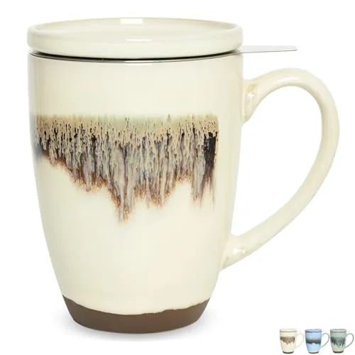 Reactive Tea Infuser Mug with Lid, 13.5 oz, Beige Forest