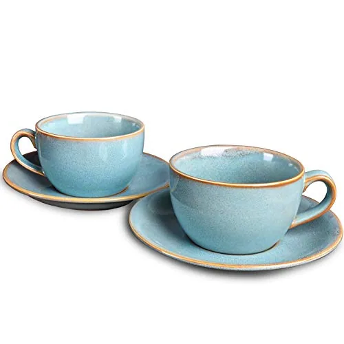 Reactive Cappuccino Cups & Saucers, 8.5 oz, Set of 2, Lake Blue