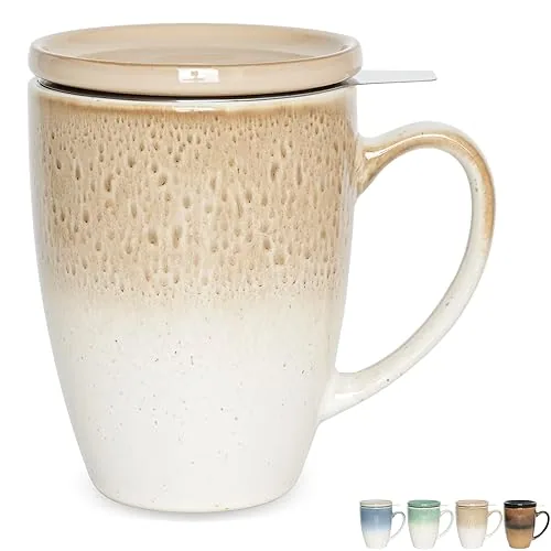Reactive Tea Infuser Mug with Lid, 13.5 oz, Light Brown