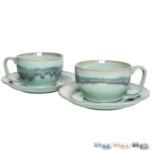 Reactive Cappuccino Cups & Saucers, 10 oz, Set of 2, Turquoise Green