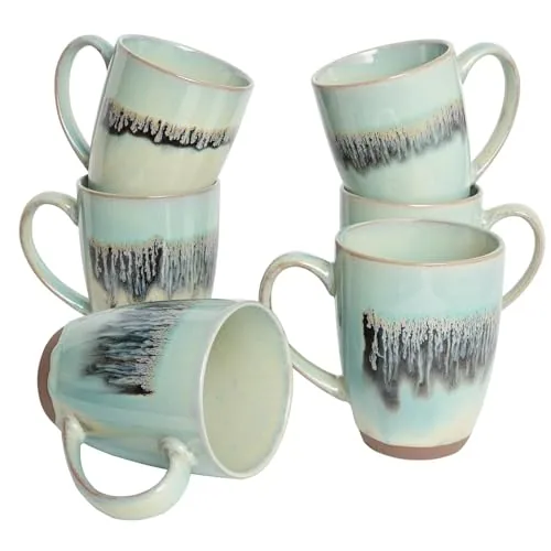 Reactive Big-Handle Mugs, 15 oz, Set of 6, Turquoise Green
