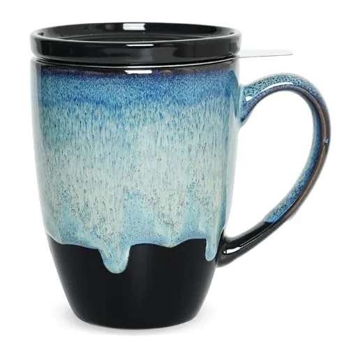Reactive Tea Infuser Mug with Lid, 13.5 oz, Blue Beach