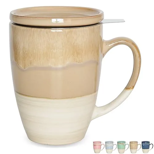 Reactive Tea Infuser Mug with Lid, 13.5 oz, Brown Grey